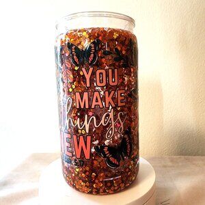 Handmade Glitter Snow Globe Cup 16 Oz. Acrylic Things New Lid & Straw Slow Flow